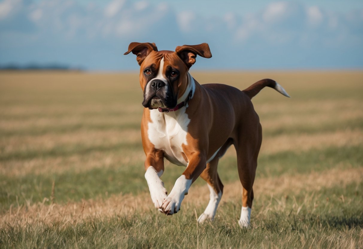 A boxer dog running across a vast open field, with its ears flapping in the wind and a determined look in its eyes