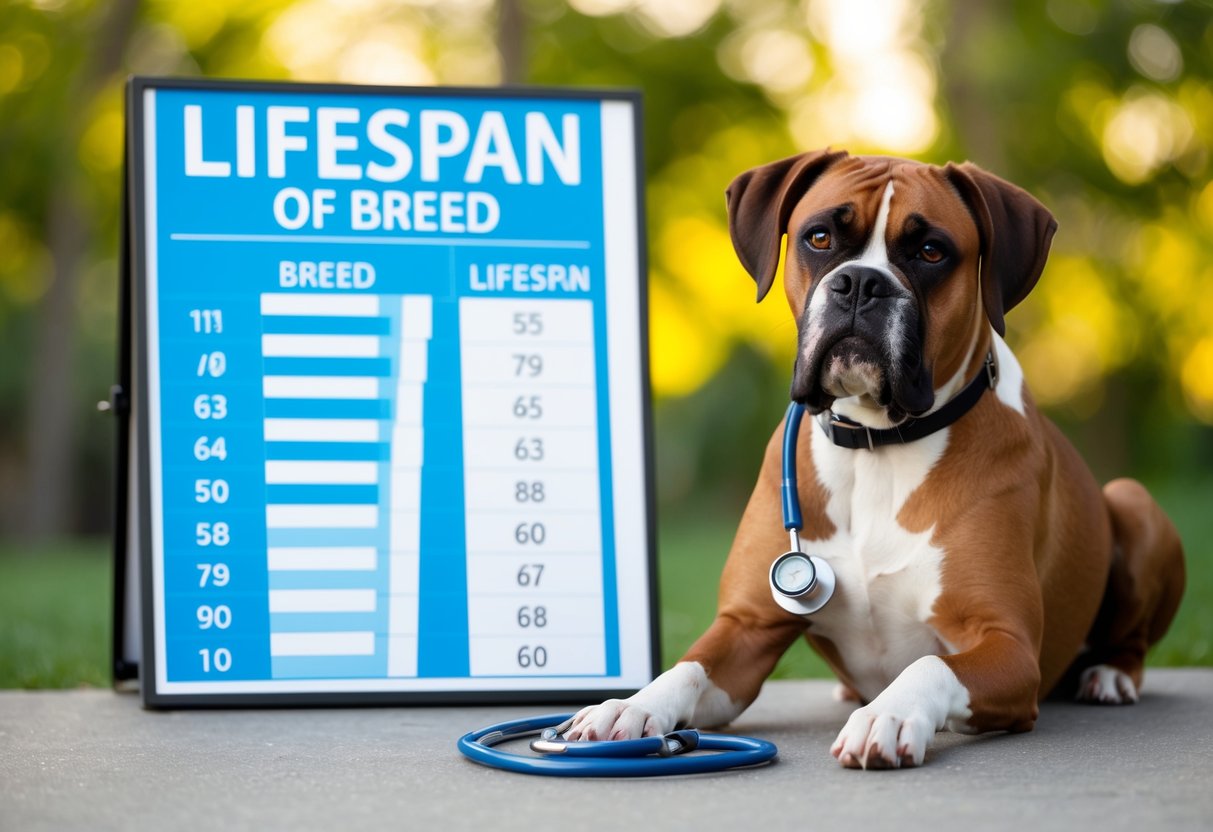 A boxer dog wearing a stethoscope sits beside a chart showing the lifespan of their breed