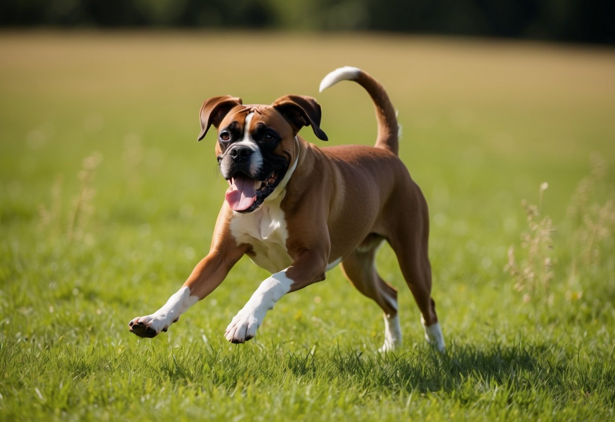 A boxer dog running through a grassy field, tongue lolling, ears flapping, and tail wagging with joy
