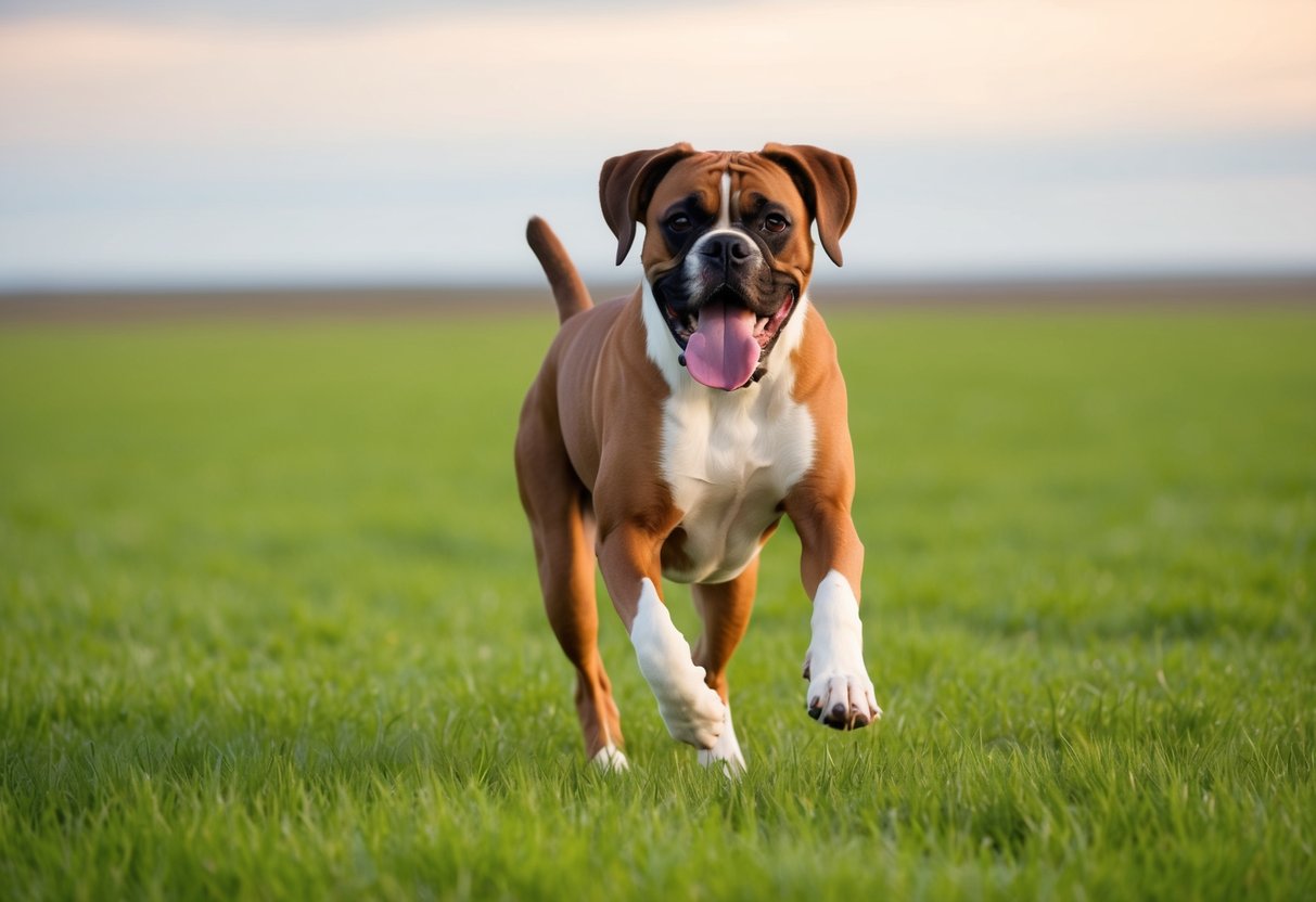 A boxer dog running through a green field, tongue out, ears flapping, with a distant horizon in the background
