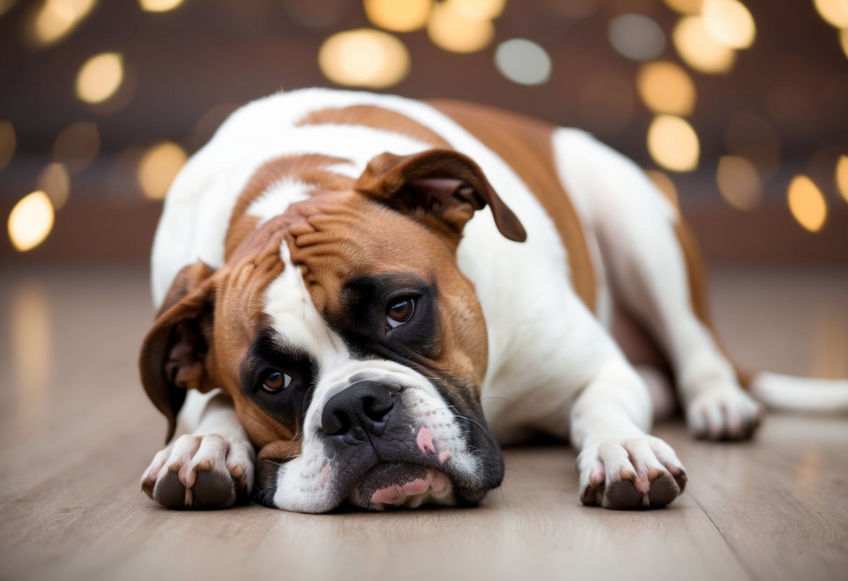 A boxer dog lying still, shallow breathing, glazed eyes, and lack of response to touch or sound
