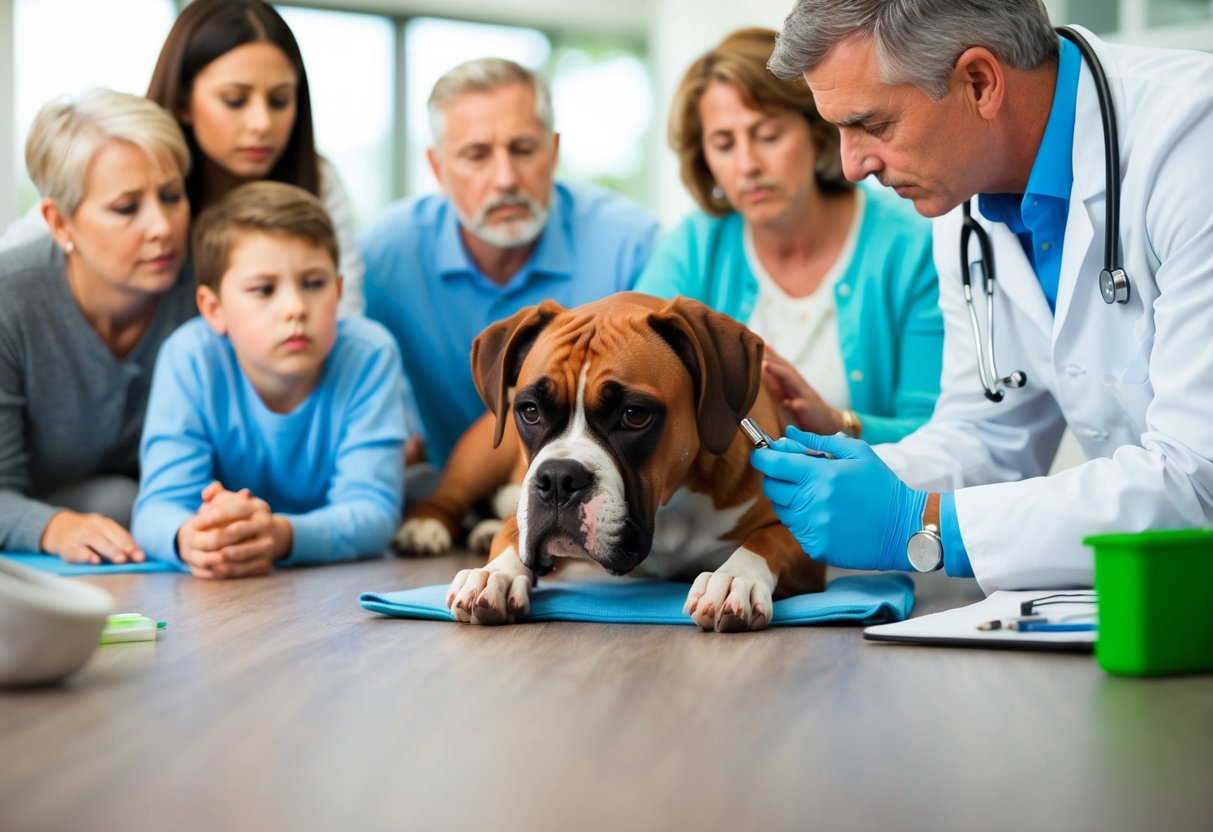 A boxer dog lying still, surrounded by concerned family members, while a veterinarian examines the dog with a stethoscope