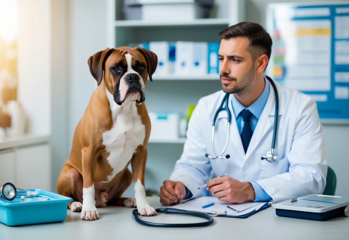 A boxer dog with a concerned expression sitting next to a veterinarian with a stethoscope, surrounded by medical equipment and charts