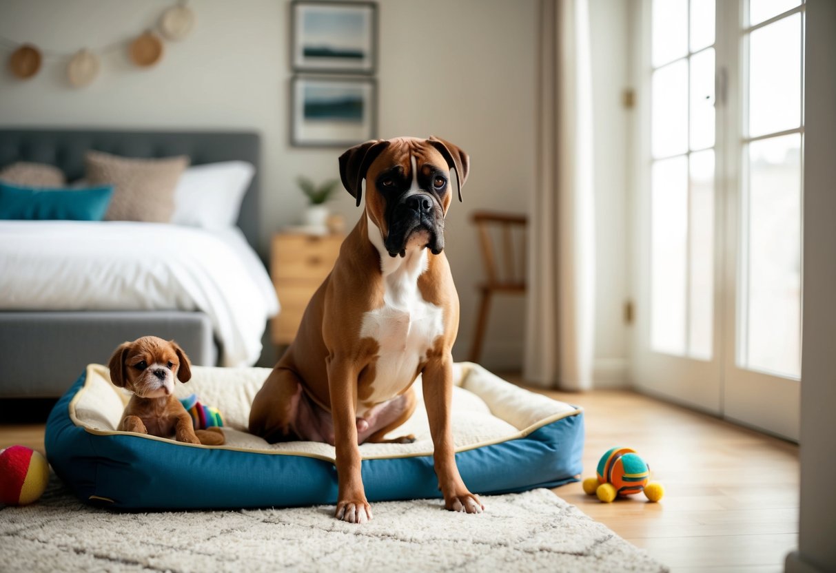 A lone boxer dog sits confidently in a sunlit room, surrounded by toys and a cozy bed