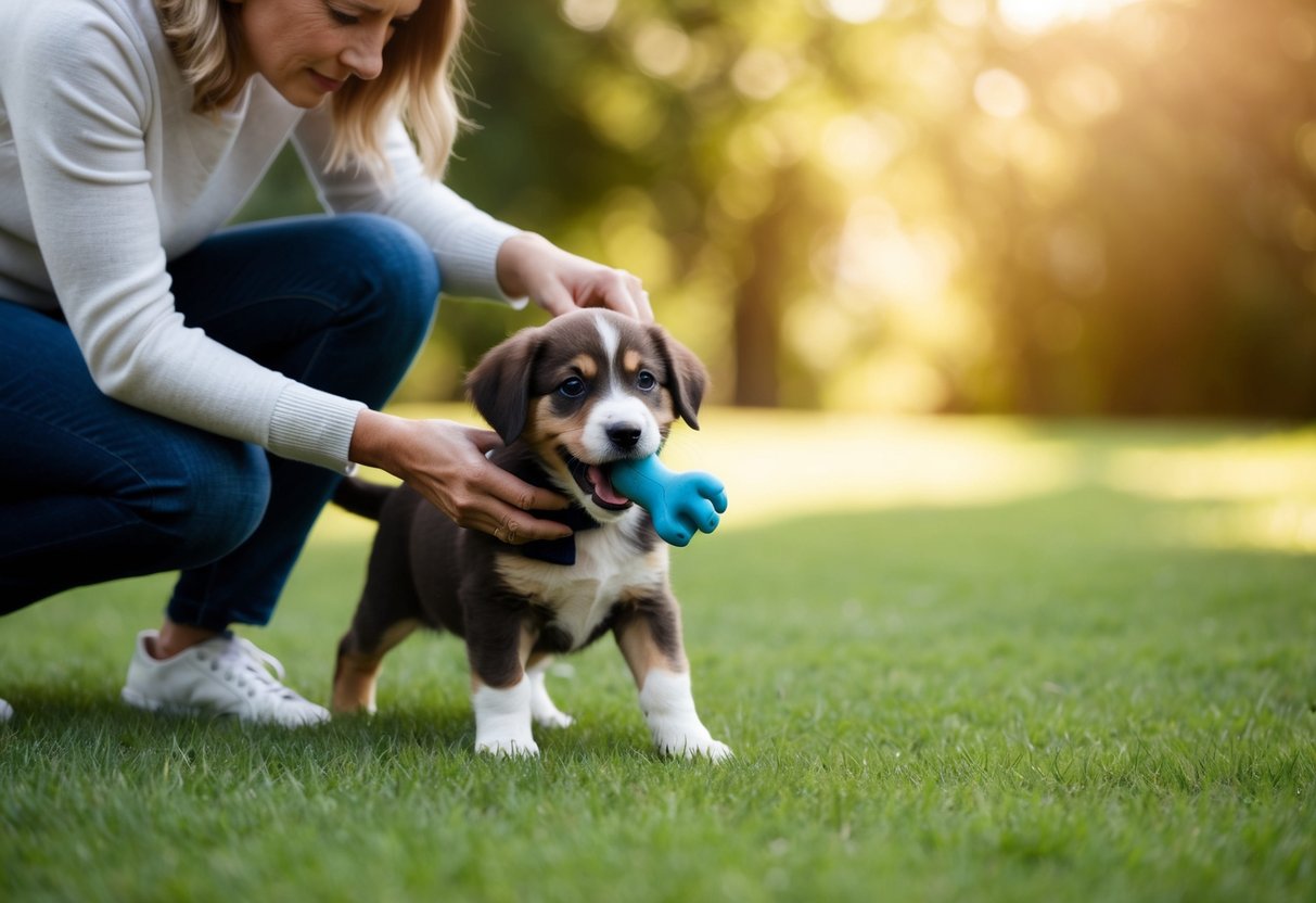 A puppy is gently redirected from biting a toy by a firm "no" command from its owner