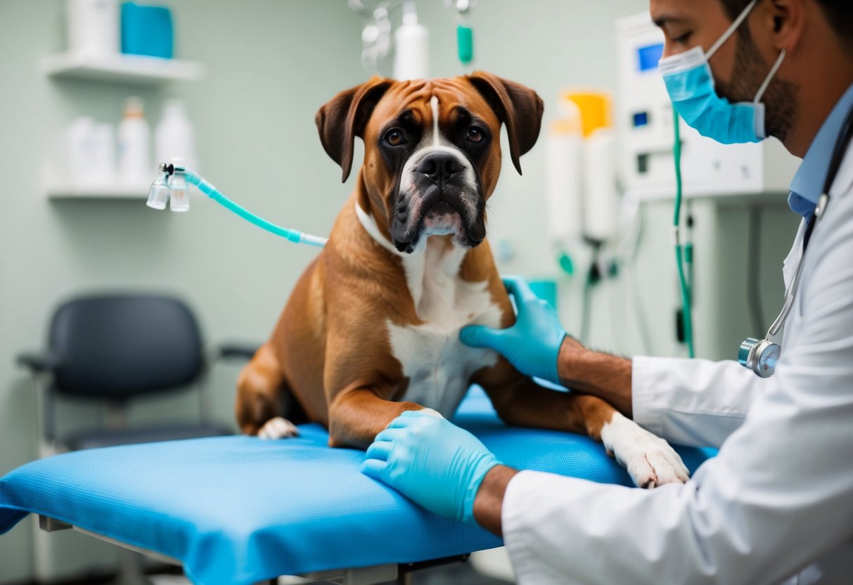 A boxer dog receiving chemotherapy treatment at a veterinary clinic