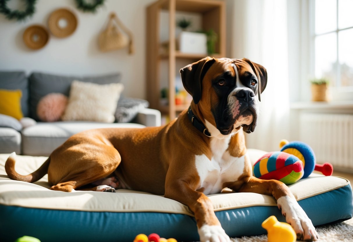 A boxer dog lounging in a cozy, sunlit room with toys and a comfortable bed