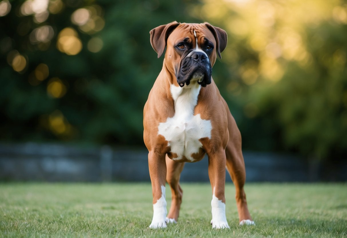 A boxer dog with a muscular build stands on all fours, with a focus on its sturdy legs and joints