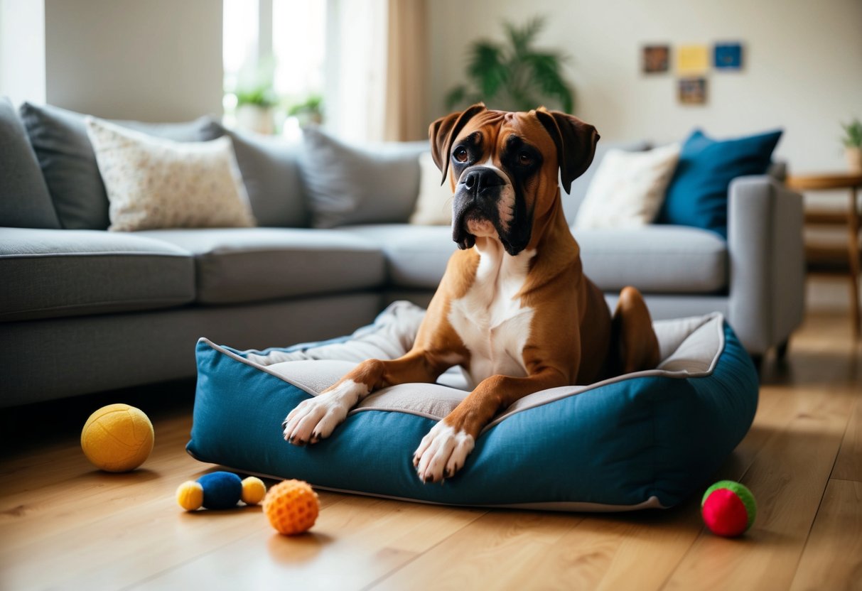 A boxer dog sits alone in a cozy living room, surrounded by toys and a comfortable bed. The dog looks content and relaxed, showing no signs of separation anxiety