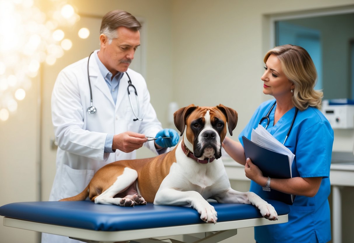 A boxer dog lying on a veterinary examination table, with concerned owner looking on. The vet is examining the dog's ears and the owner is holding a folder of medical records