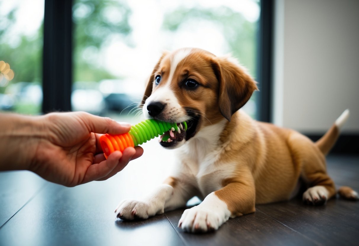 A puppy being redirected from biting a chew toy instead of a hand