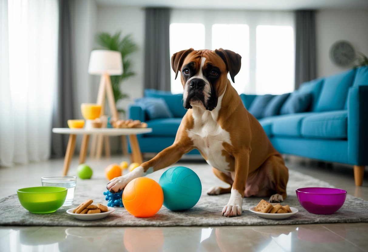 A boxer dog plays with a variety of toys in a spacious, well-lit living room, surrounded by bowls of fresh water and healthy treats