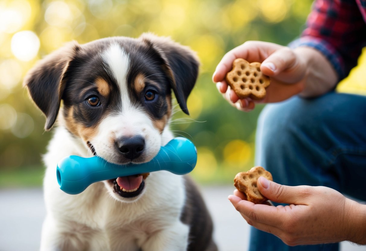 A puppy biting a chew toy while a person holds a treat nearby