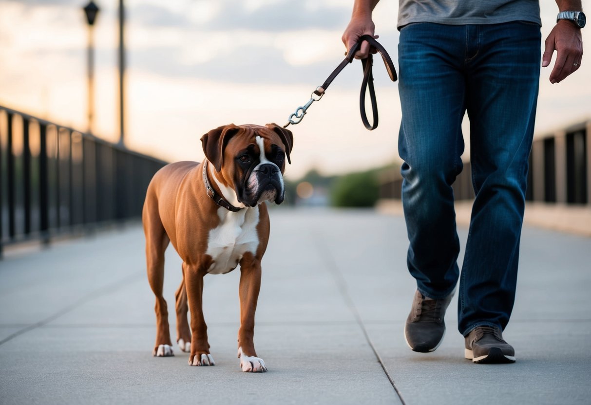 A boxer dog walks calmly beside its owner, with a loose lead and relaxed body language