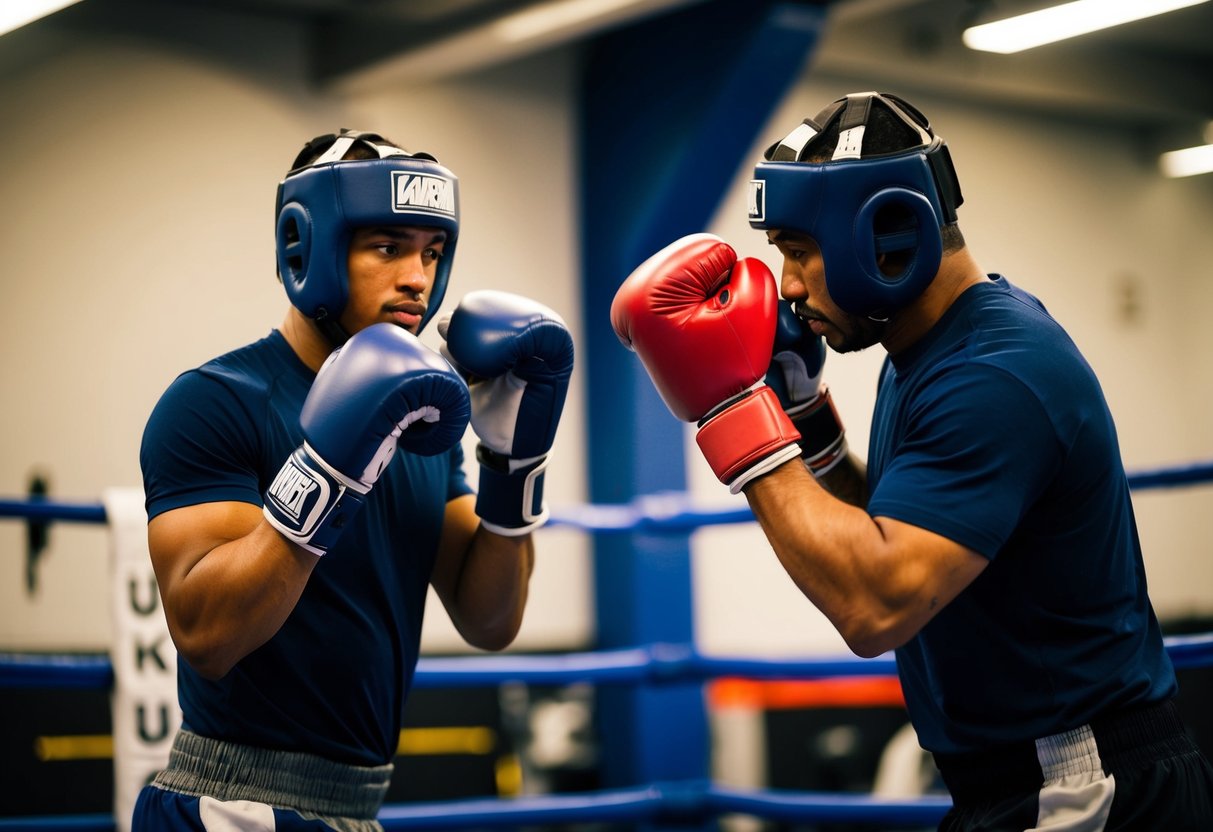 Two male boxers training together in a gym, sparring in the ring with gloves and headgear
