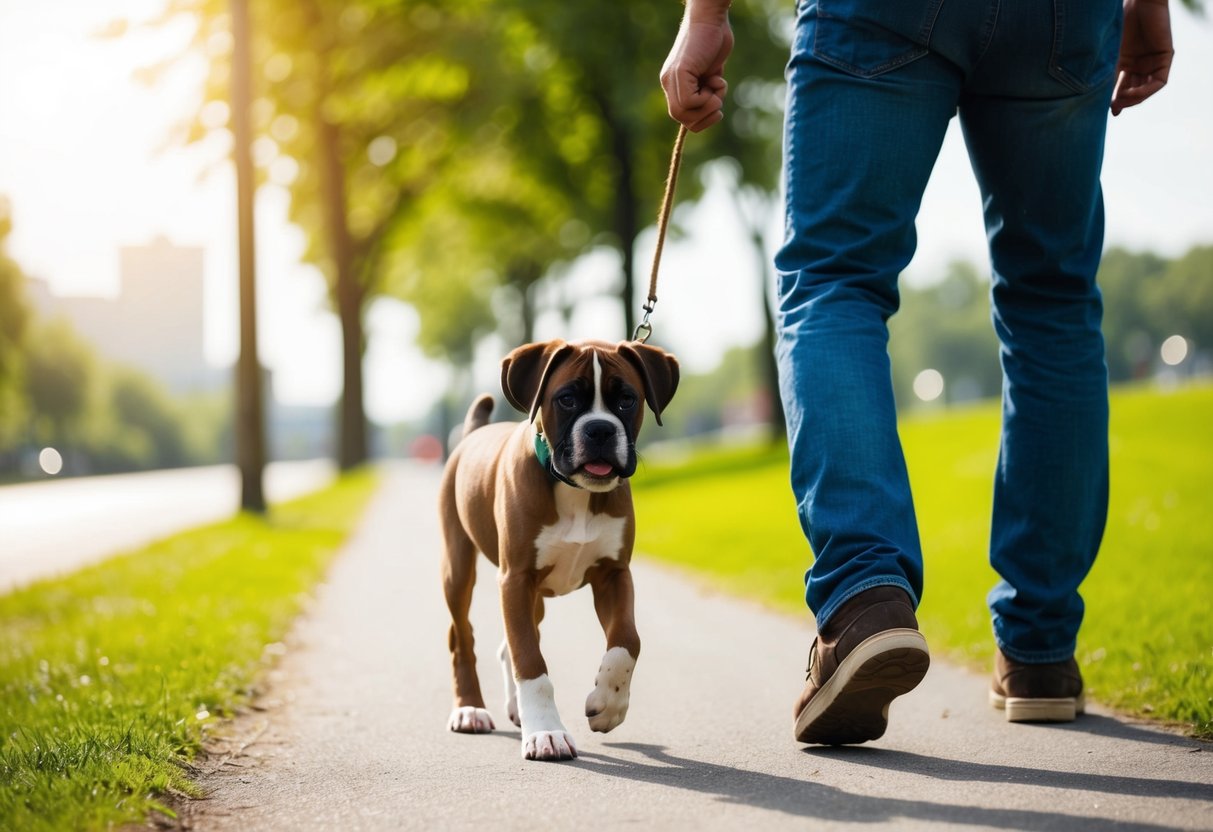 A boxer puppy trots happily beside its owner on a sunny park path, wagging its tail and exploring the surroundings