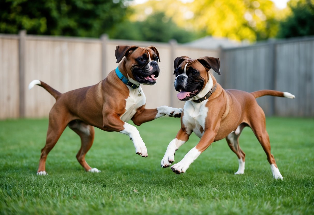 Two male boxers playfully interact in a spacious, fenced-in yard, displaying friendly body language and wagging tails