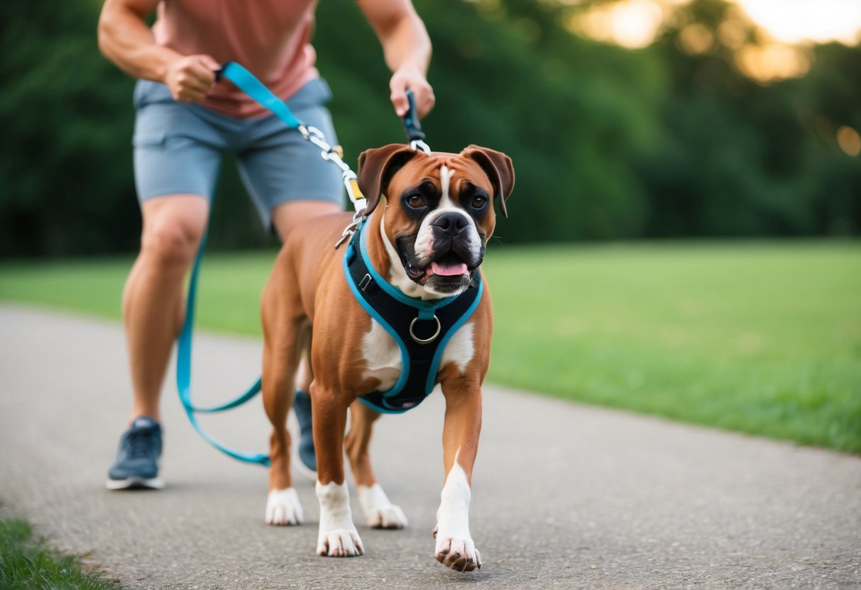 A boxer dog wearing a harness and leash, pulling eagerly against the tension while the owner struggles to maintain control