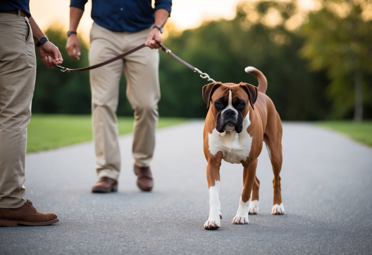 A boxer dog walks calmly beside its owner, with a loose leash and attentive posture, as the owner uses positive reinforcement training techniques