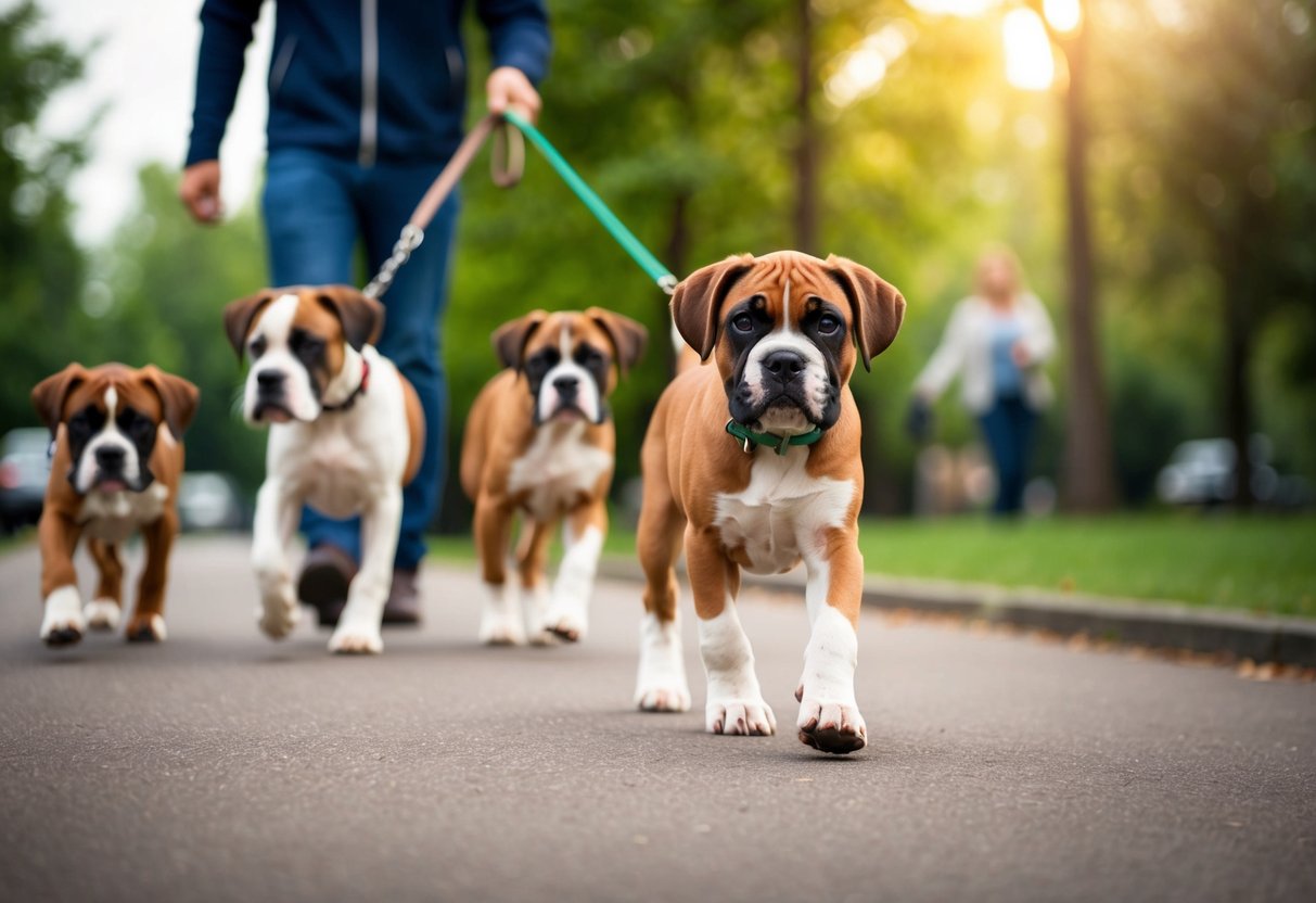 A boxer puppy walks on a leash through a park with other dogs, while its owner practices training commands