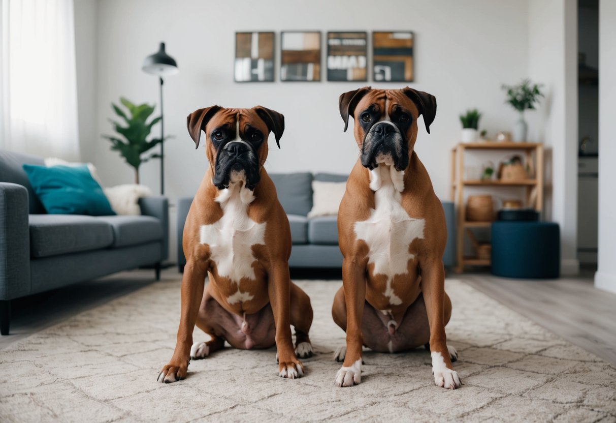Two male boxers peacefully cohabiting in a shared living space, engaging in friendly activities and showing mutual respect for each other's belongings