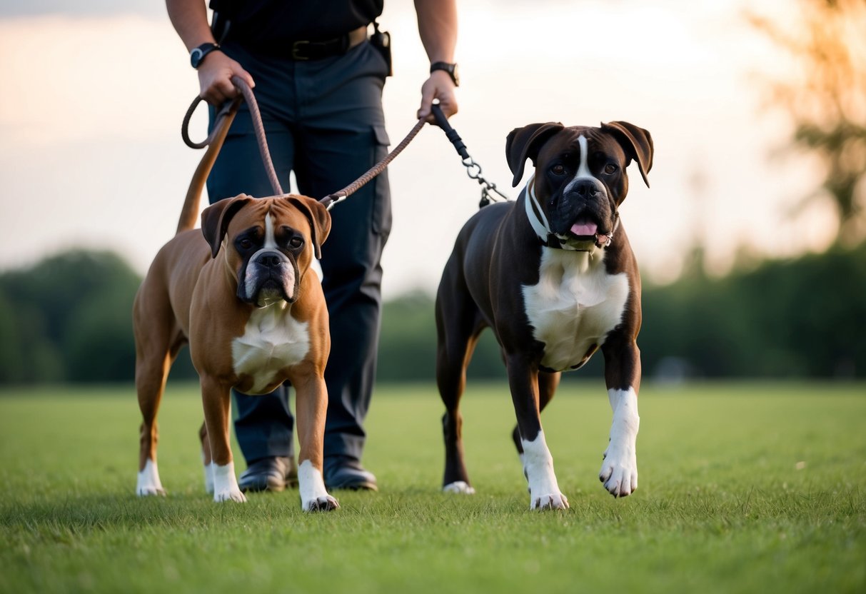 A boxer dog walks calmly beside a professional dog trainer, both focused and engaged, with a loose lead between them