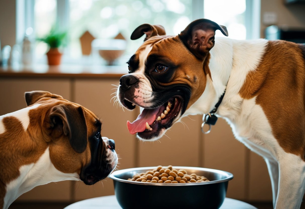 A boxer dog growls, ears back, teeth bared, as another dog approaches its food bowl