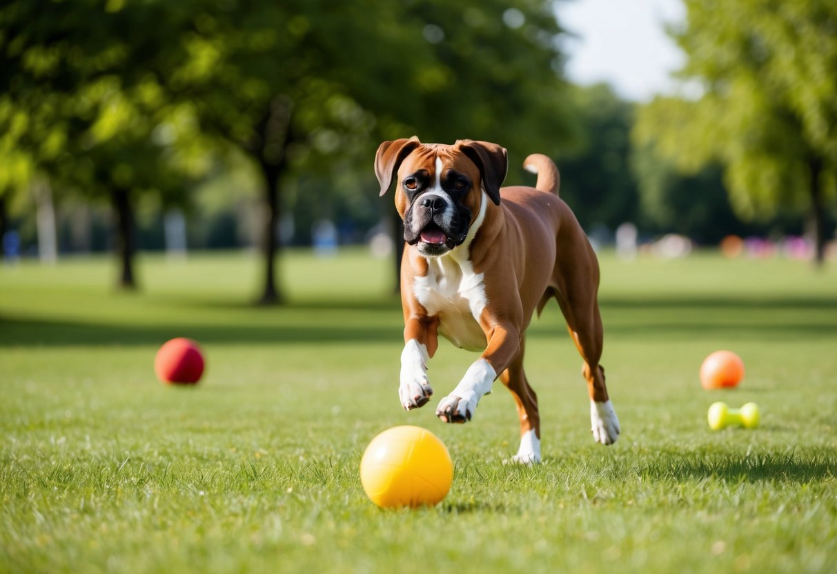 A 2-year-old boxer dog running and playing in a spacious, grassy park with a ball and other toys scattered around