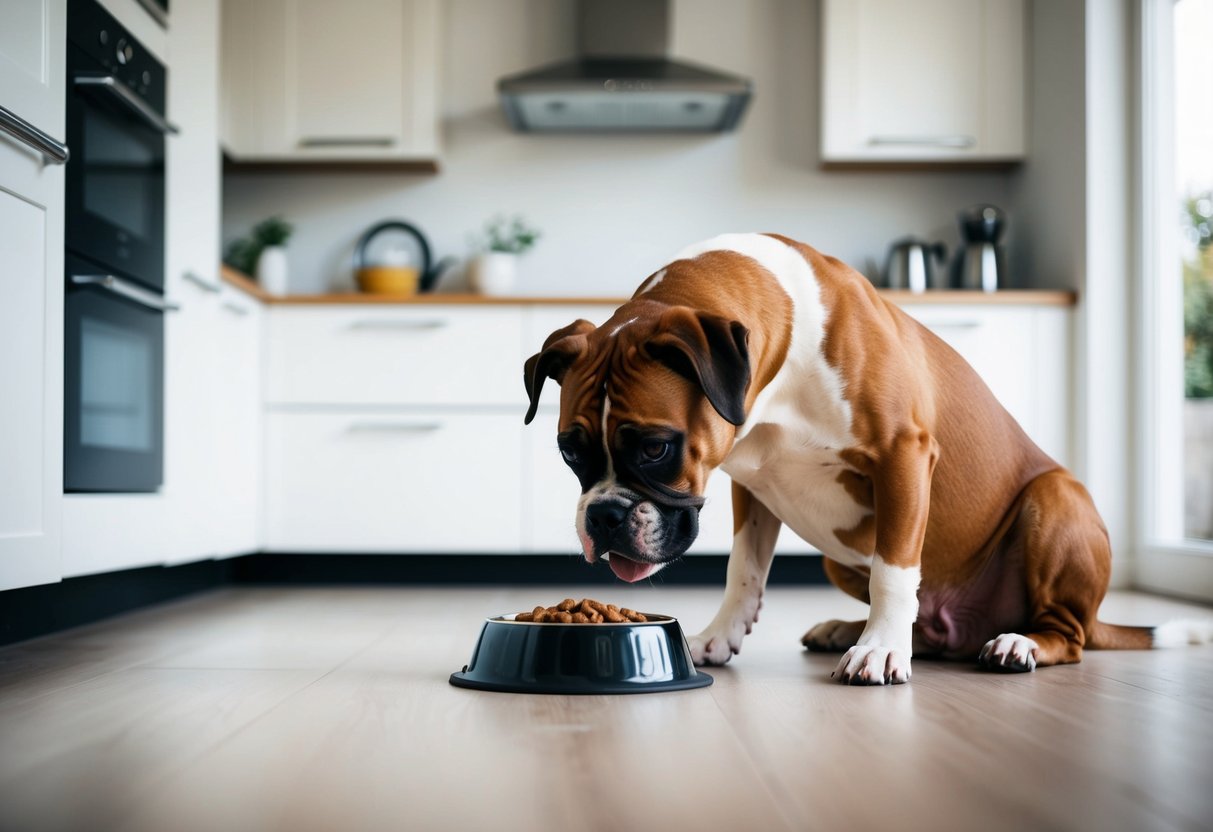 A boxer dog eagerly eats from a food bowl placed on the floor in a clean and spacious kitchen