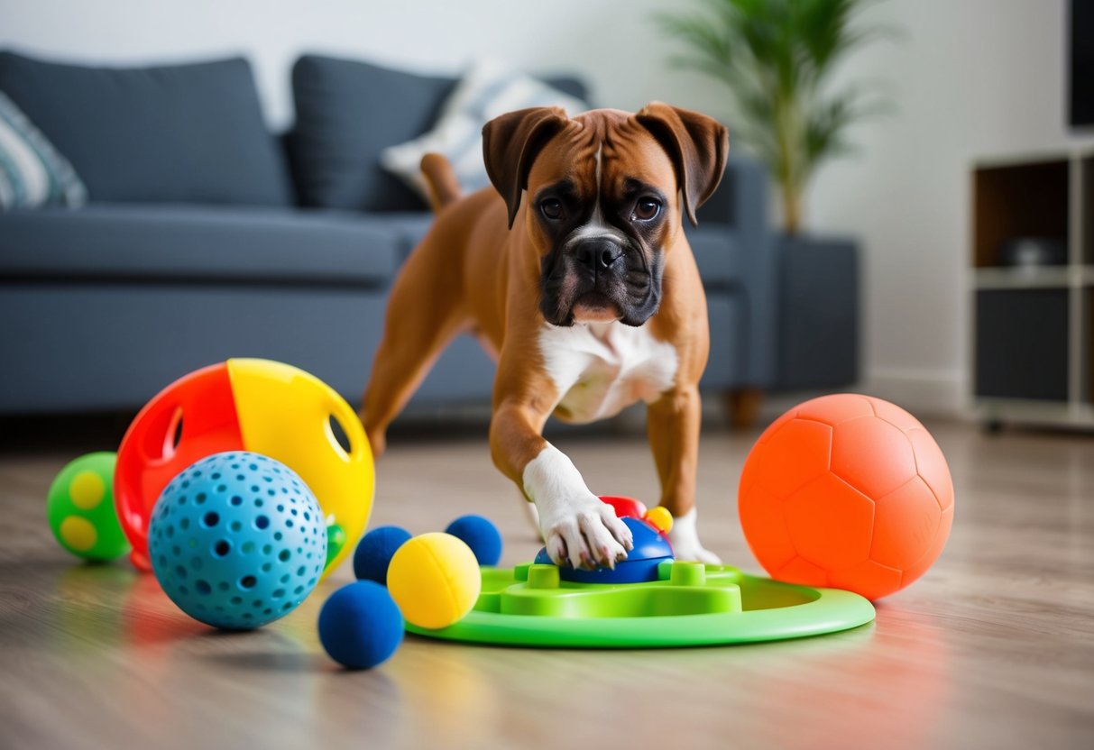 A 2-year-old boxer playing with a variety of interactive toys and engaging in sports activities to meet their exercise needs