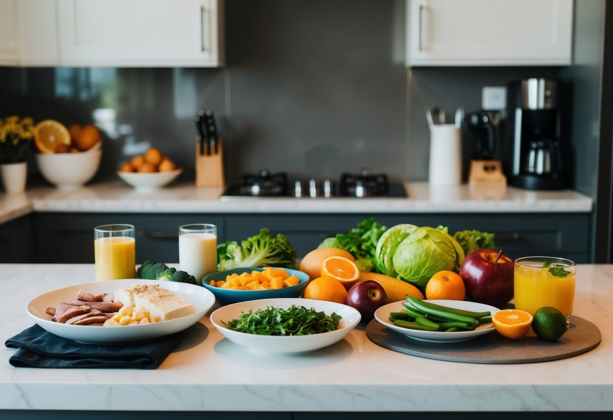 A boxer's daily meals spread out on a kitchen counter, including lean proteins, complex carbohydrates, and fresh fruits and vegetables