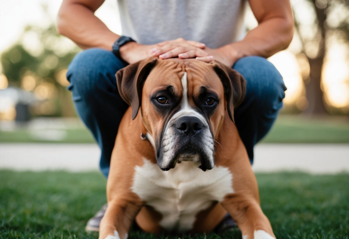 A boxer dog presses against its owner's legs, seeking comfort and attention