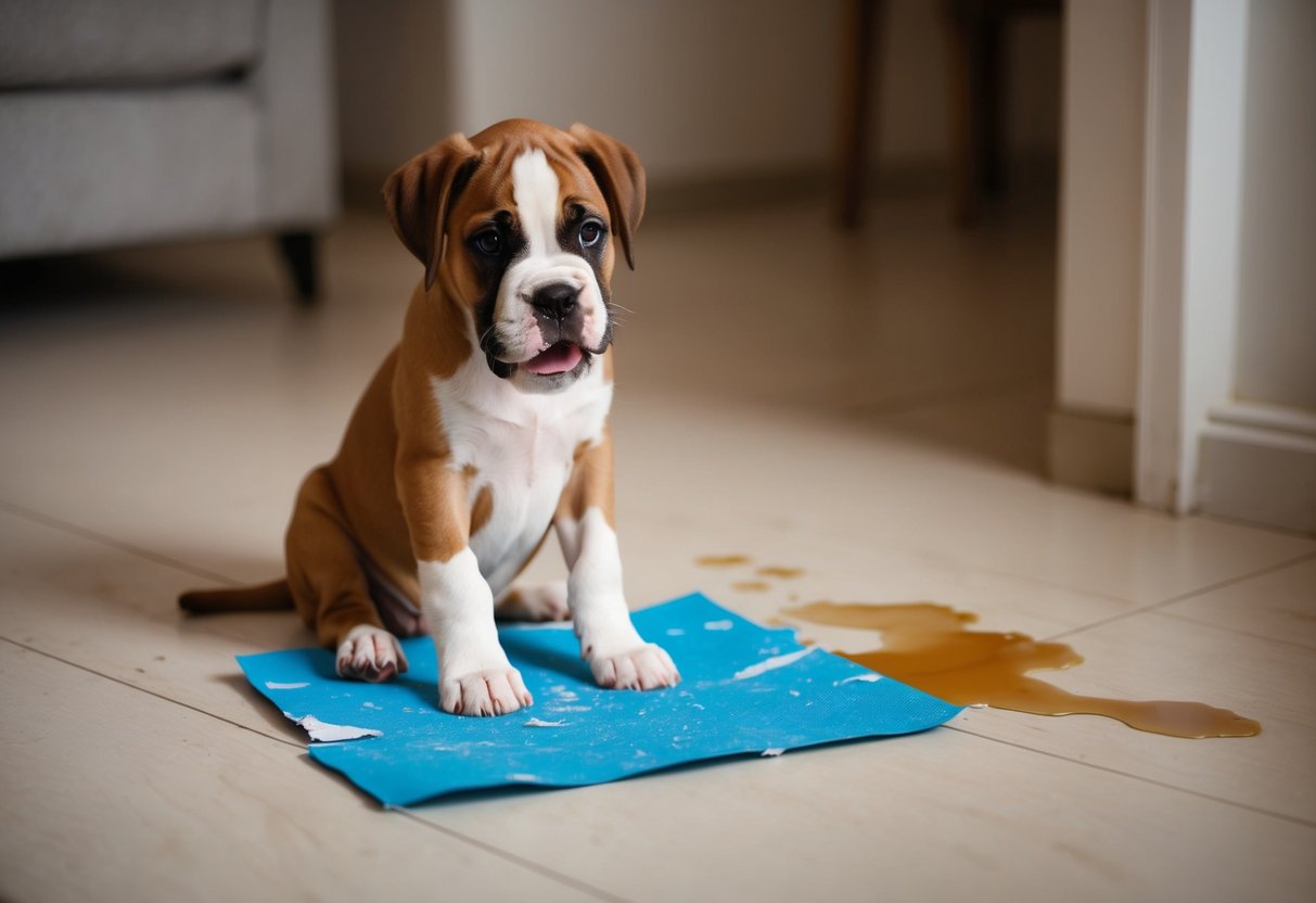 A frustrated boxer puppy sits next to a torn-up potty training pad, while a puddle of urine stains the floor nearby