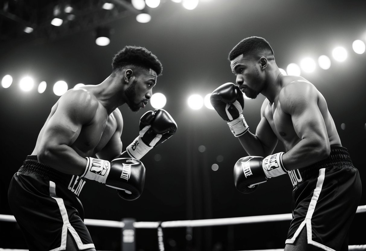 Two boxers face off, one standing tall with a strong stance, while the other crouches lower, avoiding direct eye contact