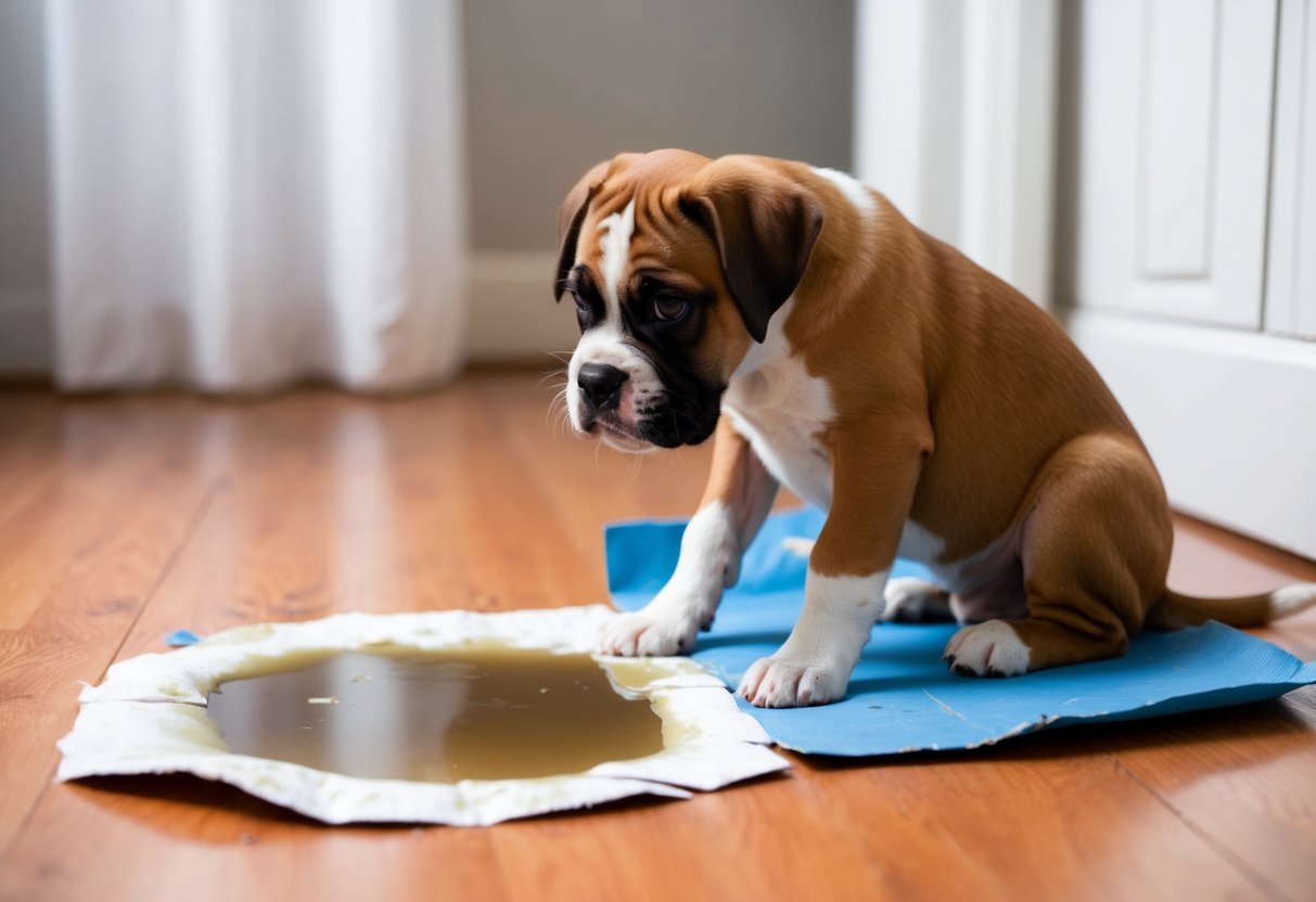 A frustrated boxer puppy sits by a torn-up potty pad, while a puddle of urine stains the floor nearby