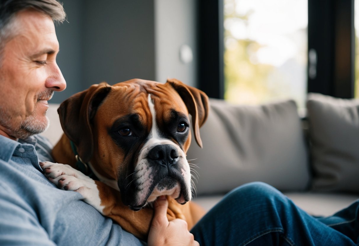 A boxer dog nuzzling its head into the lap of its owner, seeking comfort and affection