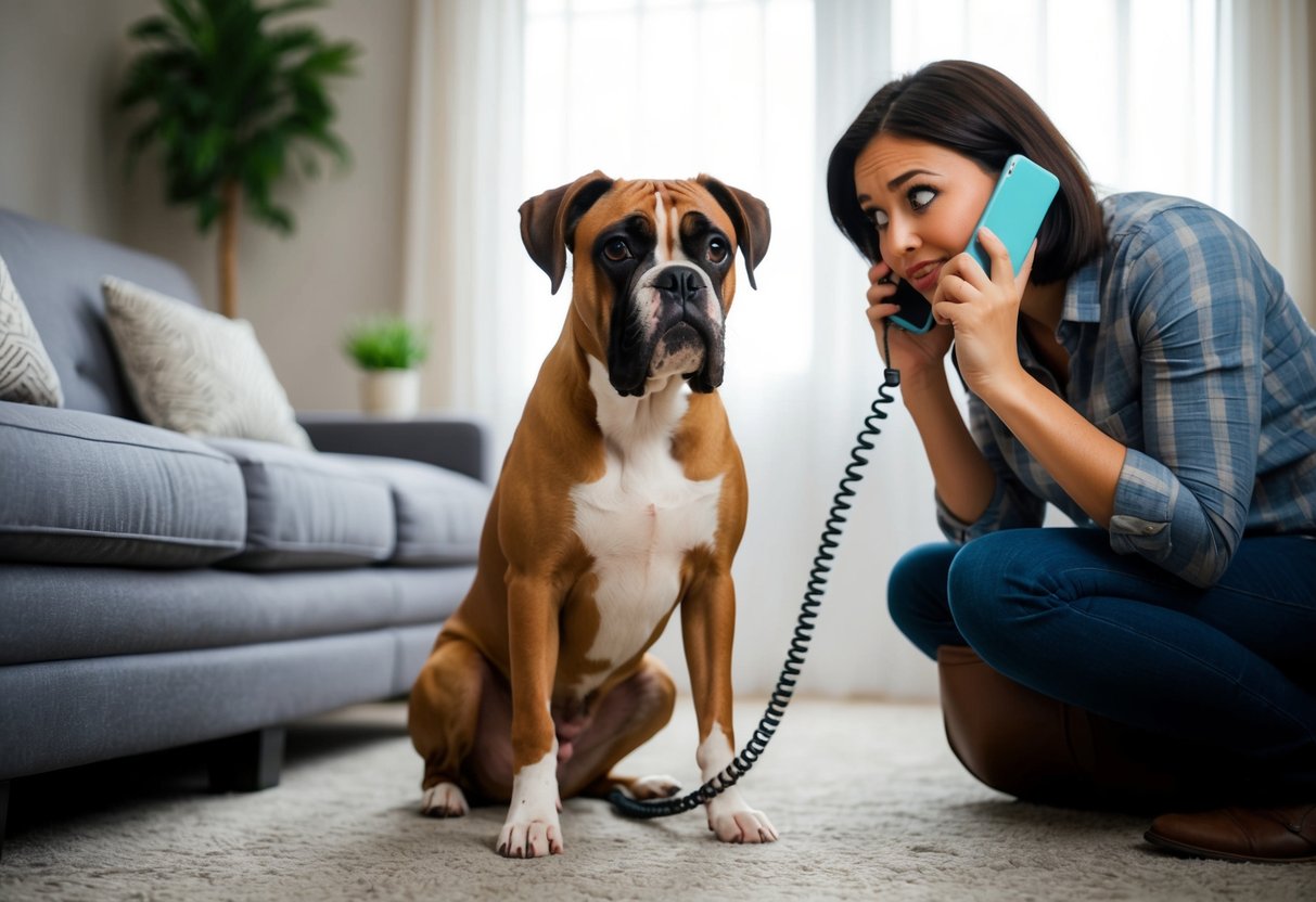 A boxer dog sitting at the feet of its owner, looking up with big, pleading eyes. The owner is on the phone, appearing frustrated
