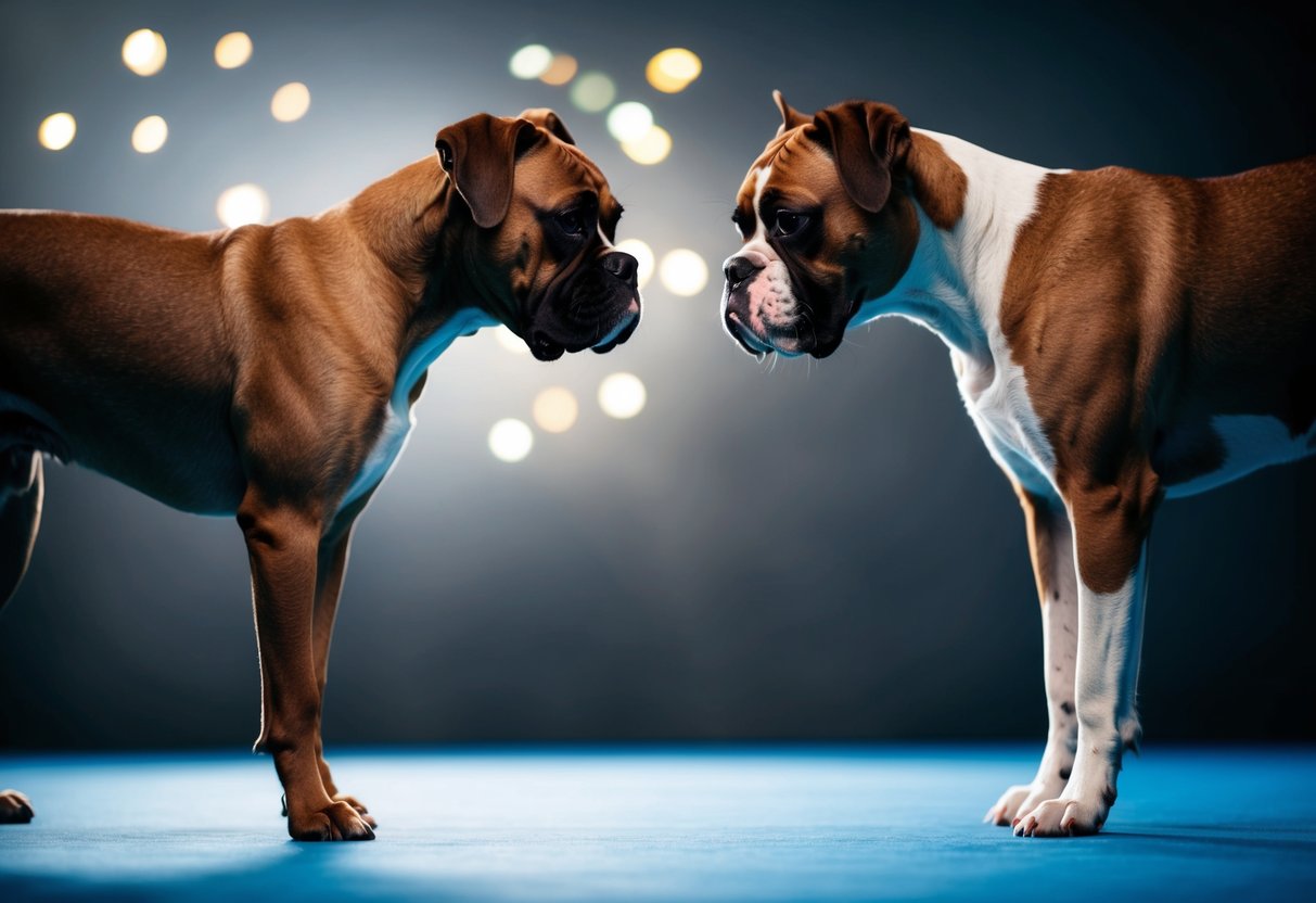 Two boxers facing each other, one standing tall with a confident stance, while the other is slightly crouched with ears pinned back and a direct gaze