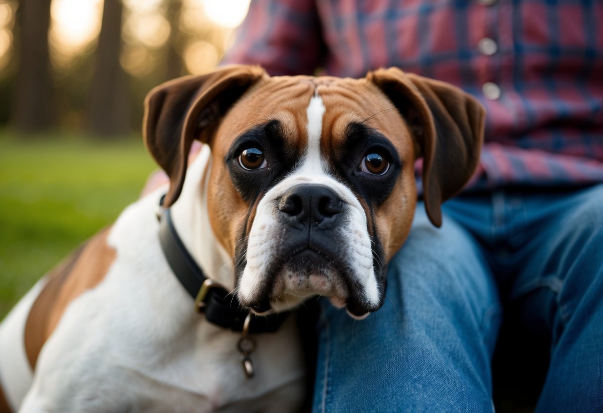 A boxer dog nuzzling close to their owner's legs, looking up with big, adoring eyes