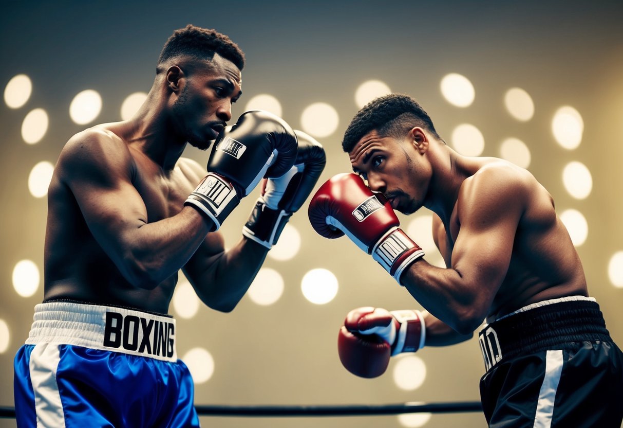 Two boxers facing off, one standing tall with a confident stance, while the other looks slightly intimidated, with a lowered head and tense body language