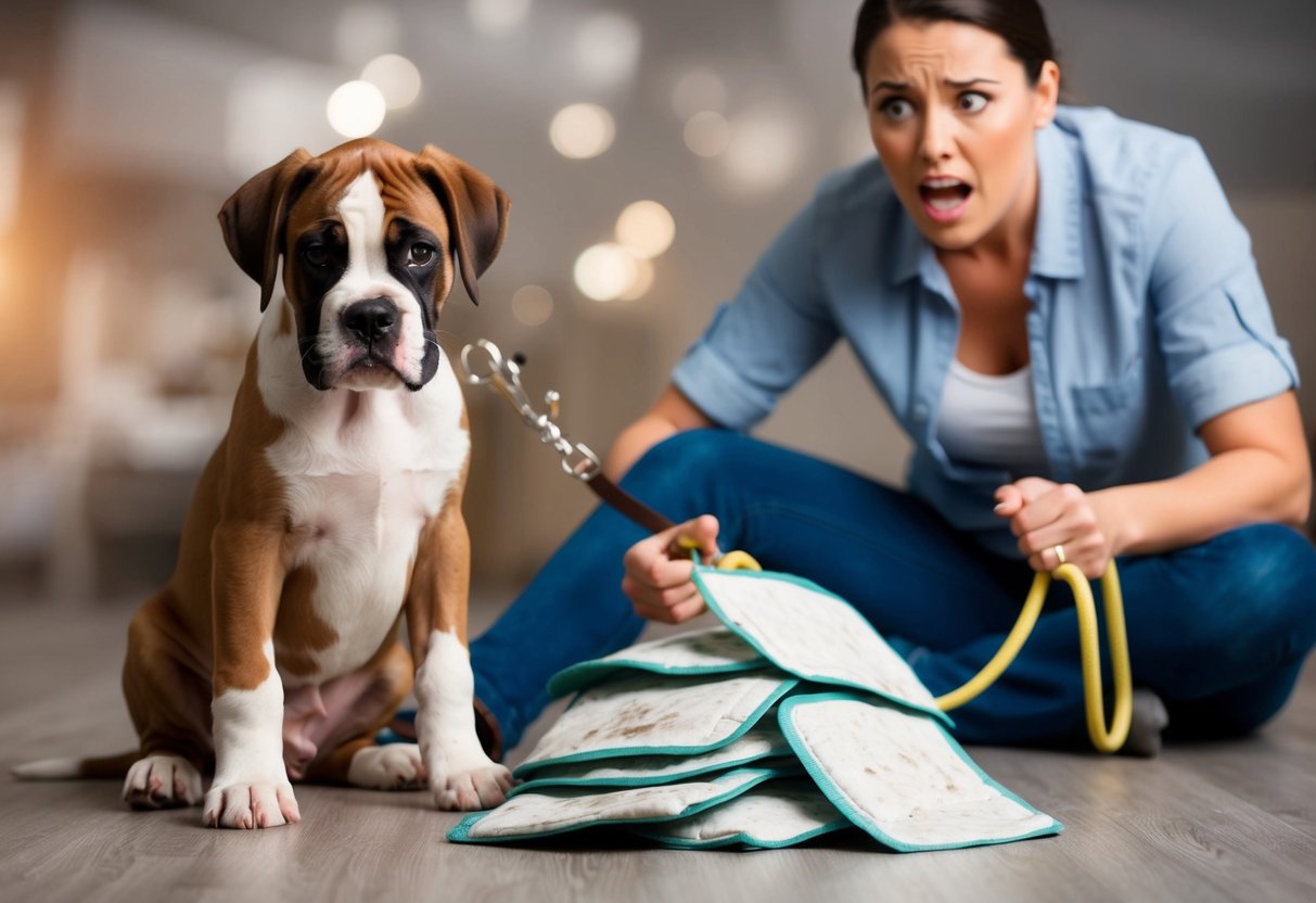 A boxer puppy looks confused next to a pile of soiled training pads, while the frustrated owner holds a leash and looks forlorn