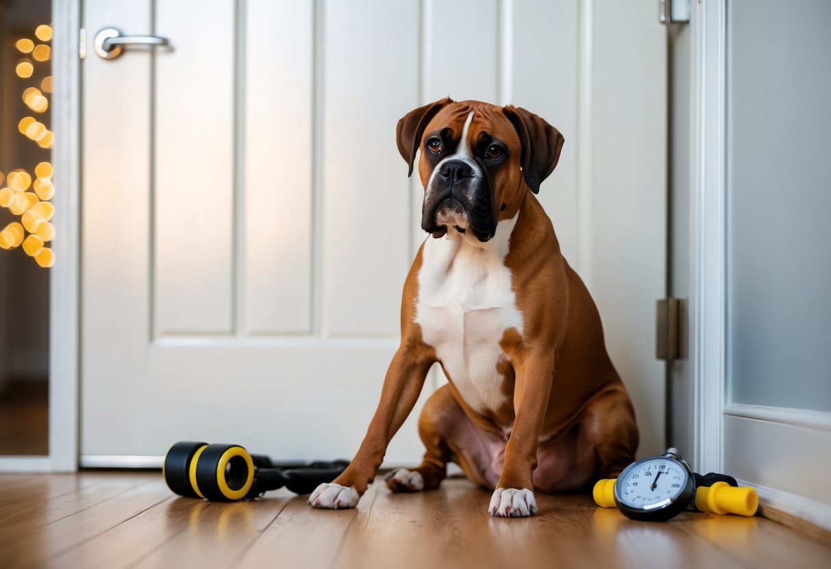 A boxer dog sits patiently by the door, surrounded by consistent training tools and a stopwatch