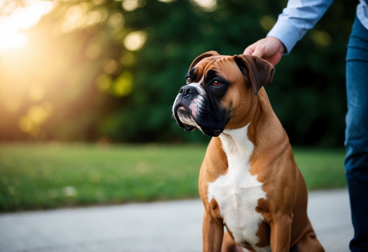 A boxer dog sits, gazing intently at its owner with head slightly tilted, ears perked, and tail wagging