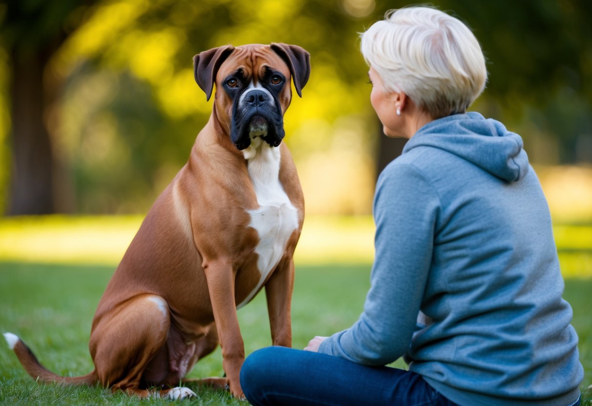 A boxer dog sitting and staring intently at its owner, with a focused and curious expression, tail wagging slightly