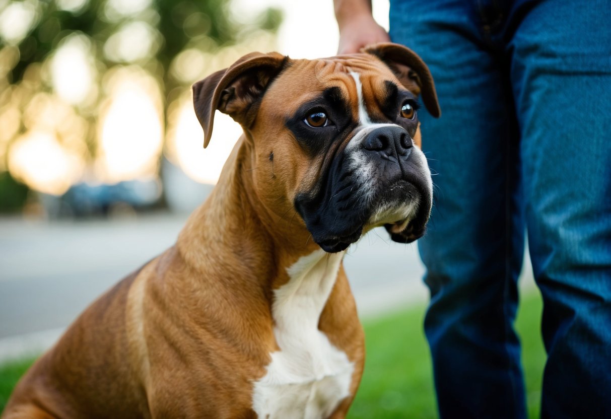 A boxer dog leans against a person's leg, looking up with a content expression