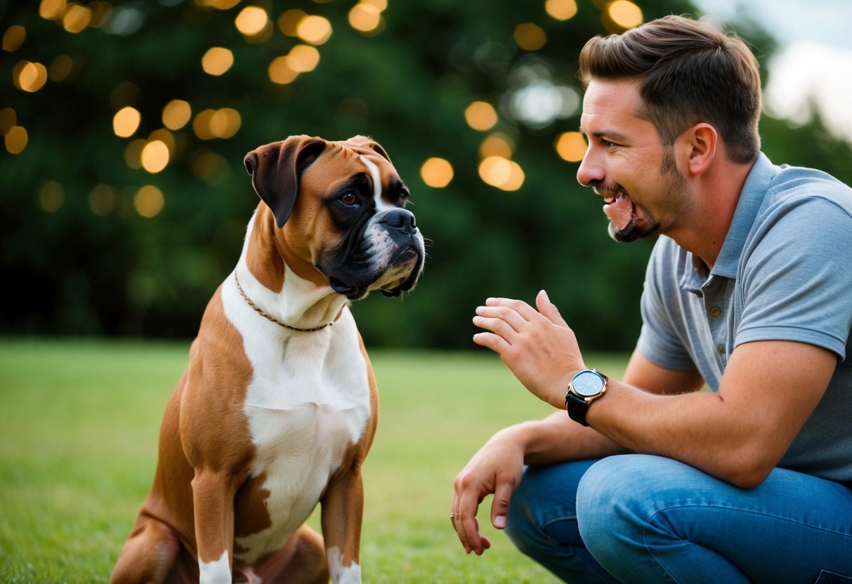 A boxer dog sits gazing at its owner, tail wagging