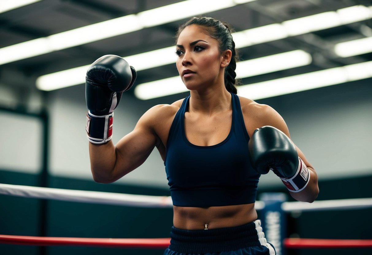 A female boxer stands poised, muscles tensed, eyes focused on her opponent. She exudes confidence and determination as she prepares to unleash her power