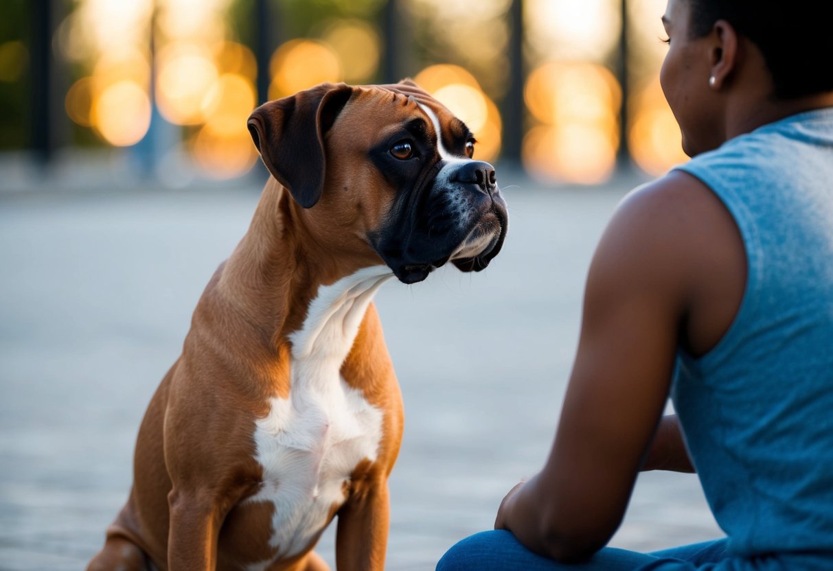 A boxer dog sits and stares at its owner, head tilted, with a curious and attentive expression