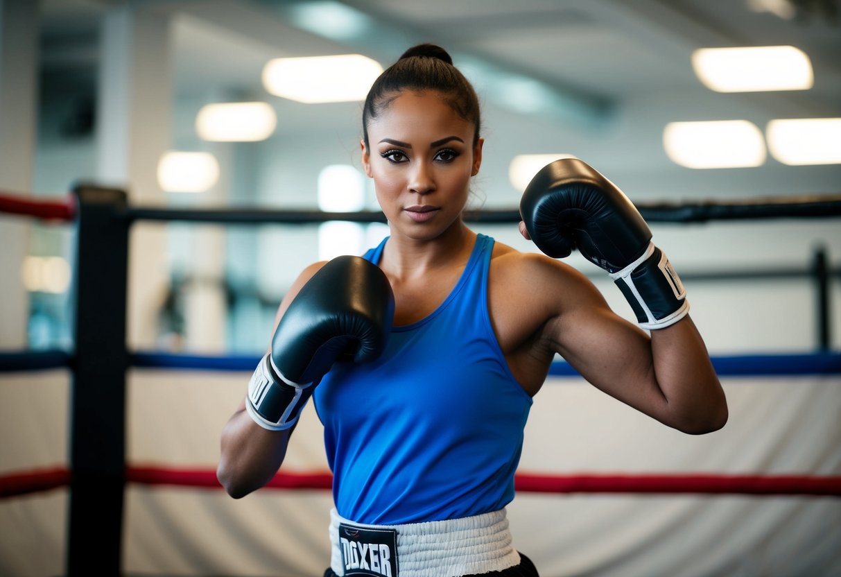 A female boxer stands confidently, her muscles taut and alert, exuding a strong and determined temperament