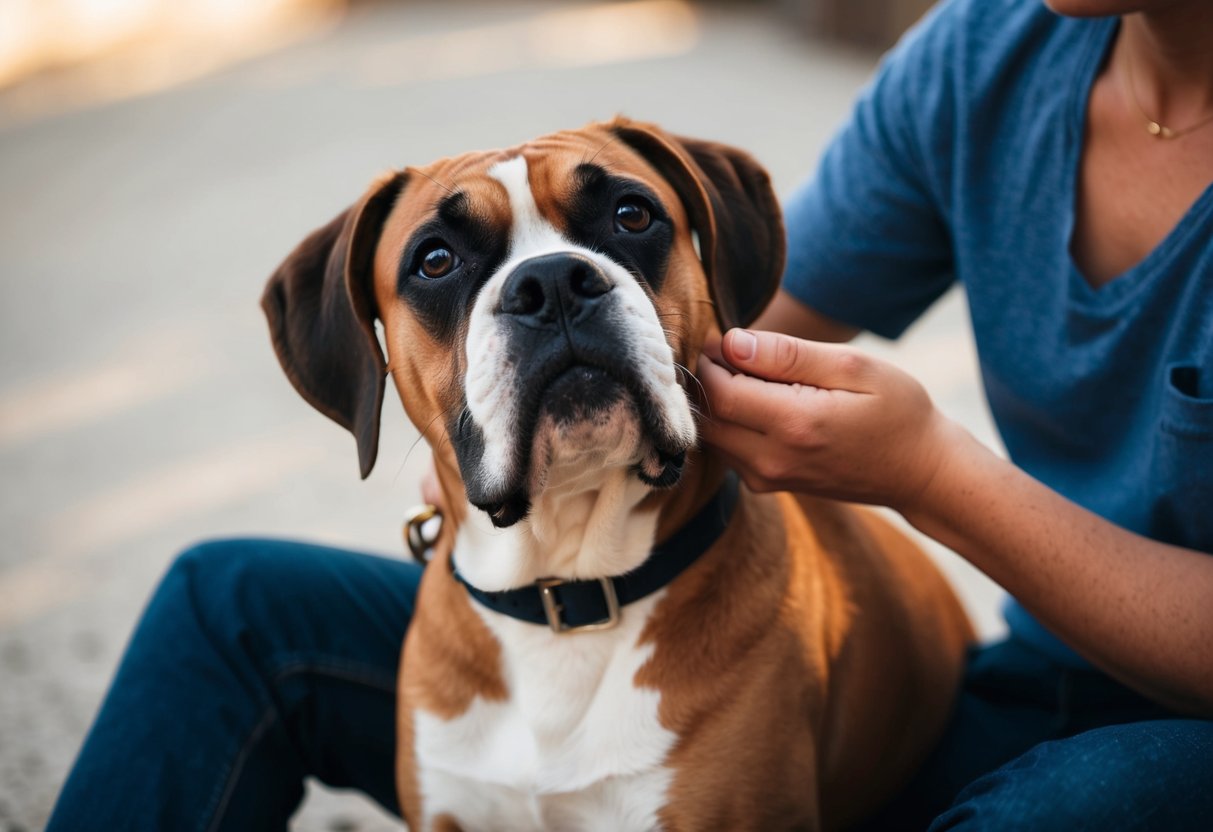 A boxer dog leans against a person's leg, looking up with a content expression, tail wagging. The person gently pets the dog's head, creating a scene of trust and affection